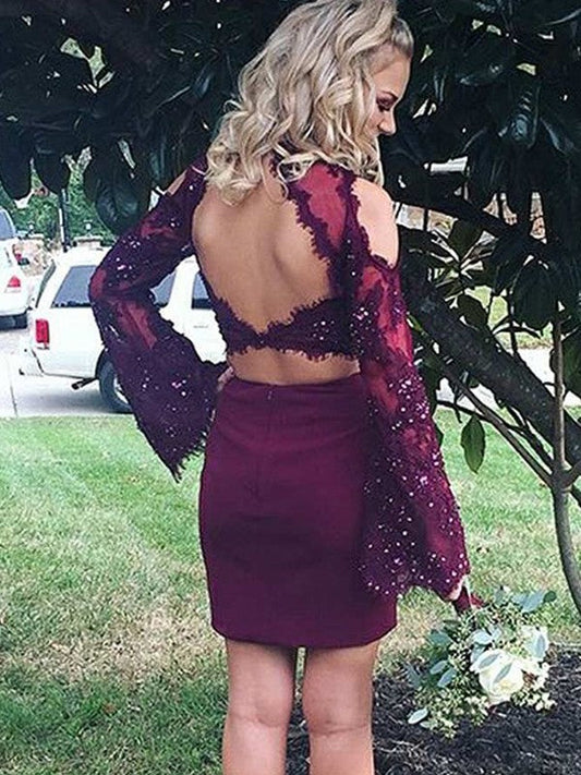 Sheath/Column Scoop Long Sleeves Applique Short/Mini Homecoming Dresses Emmy Satin Two Piece Dresses