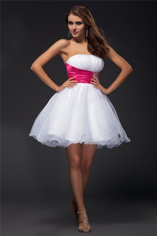 Satin Homecoming Dresses Cocktail Heidy A-Line/Princess Strapless Sleeveless Beading Sash Short Organza Elastic Woven Dresses