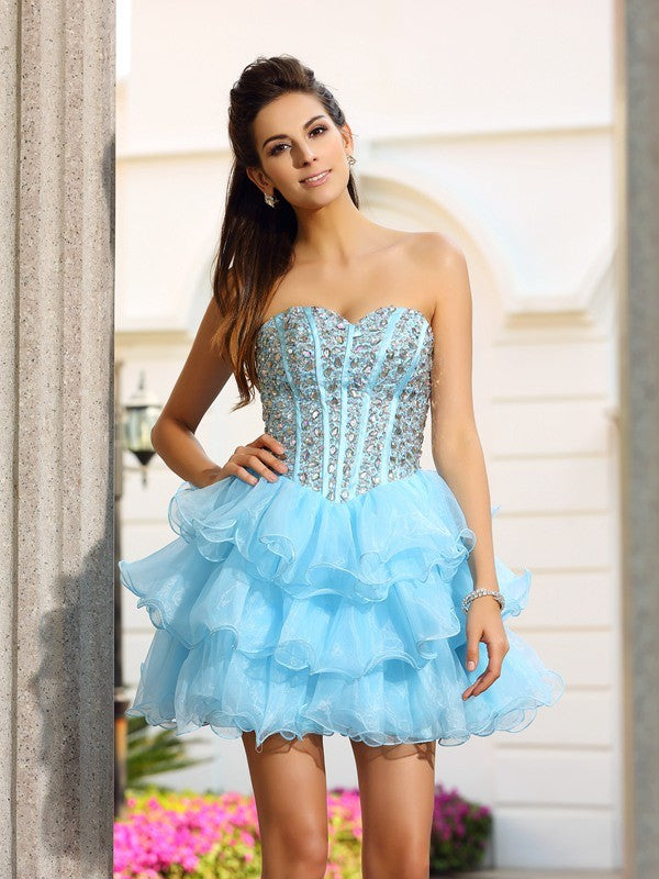 A-Line/Princess Cocktail Dulce Homecoming Dresses Sweetheart Beading Sleeveless Short Organza Dresses