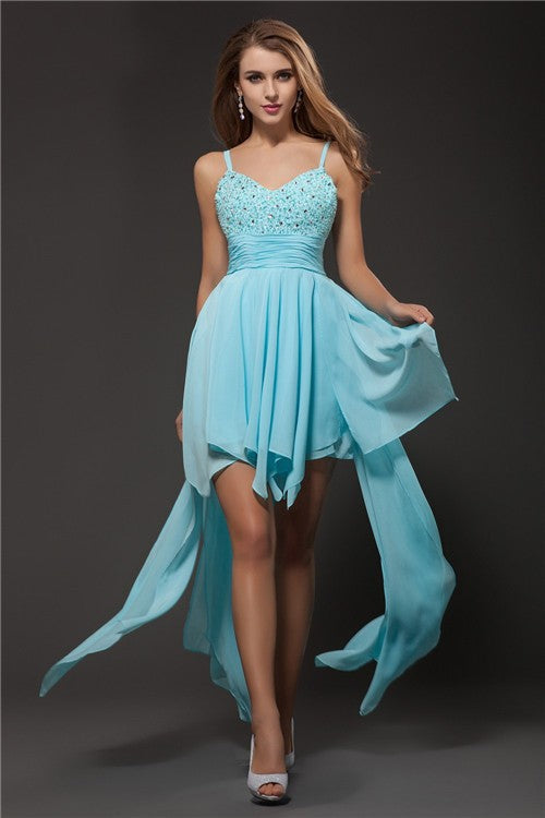 A-Line/Princess Spaghetti Cocktail Reese Homecoming Dresses Chiffon Straps Sleeveless Rhinestone Dresses