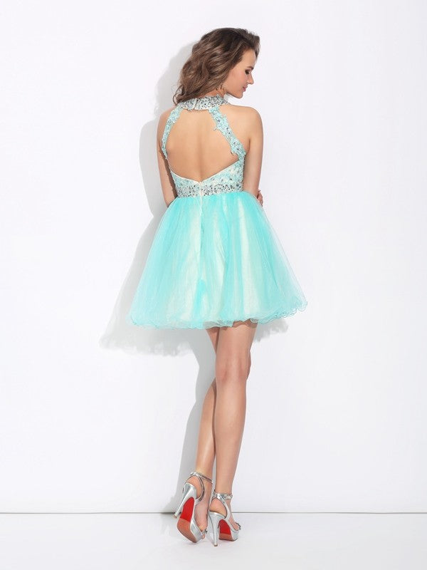 A-Line/Princess High Neck Sleeveless Short Lace Homecoming Dresses Lyric Net Dresses