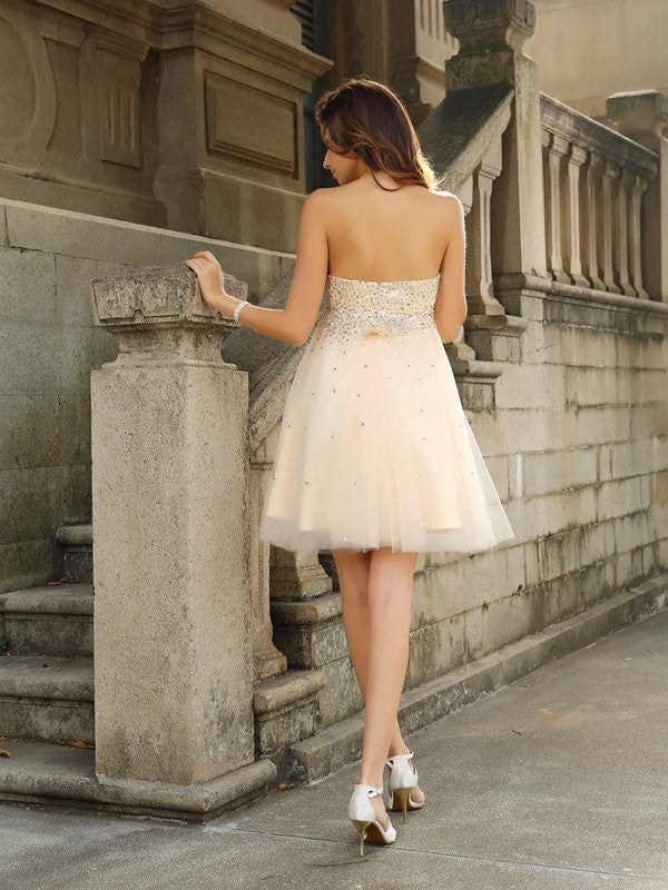 A-Line/Princess Strapless Satin Homecoming Dresses Cocktail Nina Beading Sleeveless Short Dresses