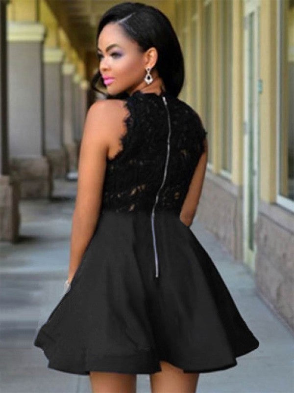 Homecoming Dresses Lace Satin Madelynn A-Line Jewel Cut Short With Black