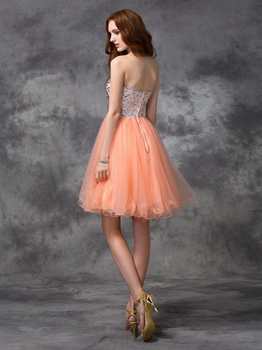 A-Line/Princess Spaghetti Straps Beading Sleeveless Short Net Dresses Homecoming Dresses Kathryn Cocktail