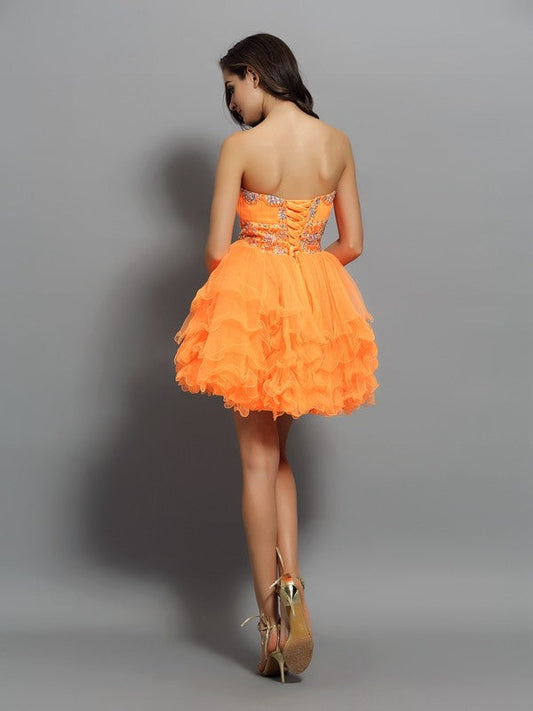 A-Line/Princess Homecoming Dresses Cocktail Satin Eve Sweetheart Ruffles Sleeveless Short Dresses