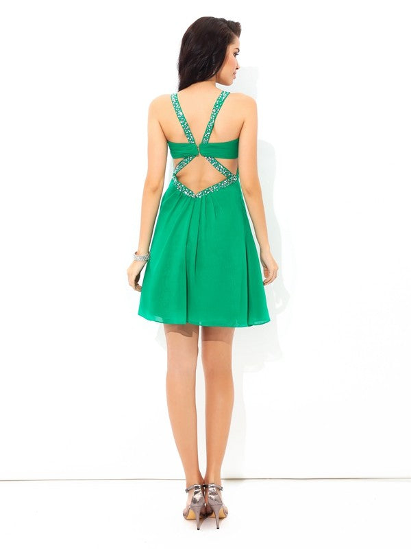 A-Line/Princess Cocktail Macey Homecoming Dresses Chiffon Straps Pleats Sleeveless Short Dresses