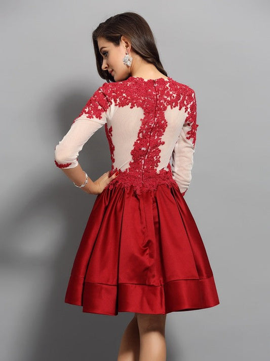 Satin Marlie Cocktail Homecoming Dresses A-Line/Princess High Neck Applique 1/2 Sleeves Short Dresses