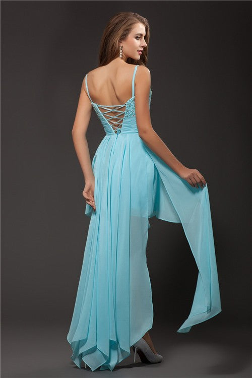 A-Line/Princess Spaghetti Cocktail Reese Homecoming Dresses Chiffon Straps Sleeveless Rhinestone Dresses