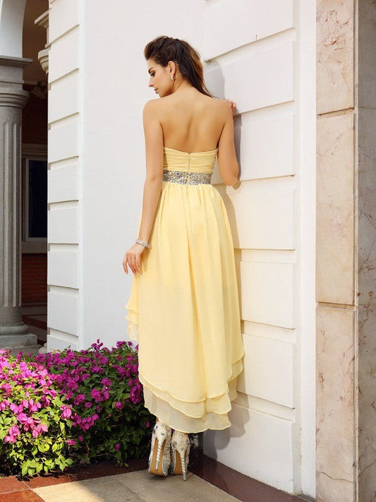 A-Line/Princess Strapless Beading Sleeveless High Low Dresses Cocktail Homecoming Dresses Chiffon Caylee