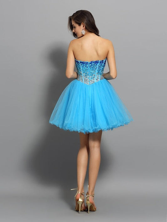 A-Line/Princess Sweetheart Ruffles Sleeveless Cocktail Imani Satin Homecoming Dresses Short Dresses