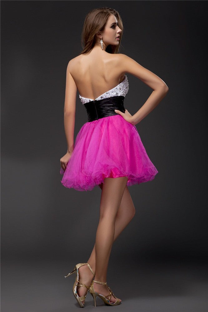 A-Line/Princess Sweetheart Beading Hedwig Satin Cocktail Homecoming Dresses Sash Sleeveless Short Organza Elastic Woven Dresses