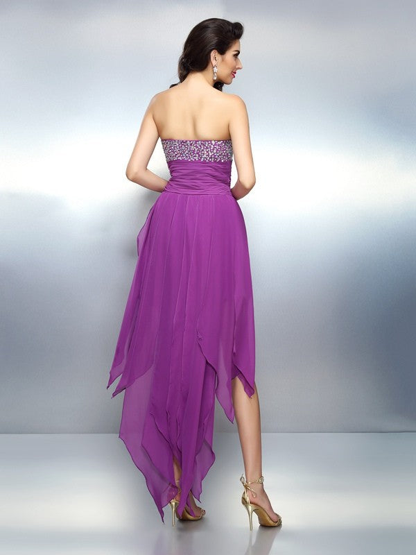 A-Line/Princess Strapless Beading Sleeveless Homecoming Dresses Barbara Cocktail Chiffon High Low Dresses