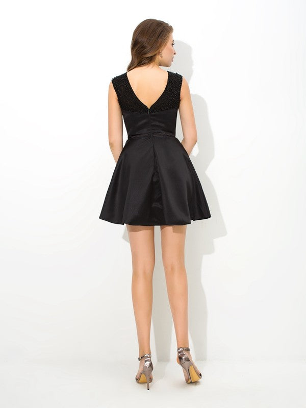 Cocktail Satin Cecelia Homecoming Dresses A-Line/Princess High Neck Sash/Ribbon/Belt Sleeveless Short Dresses