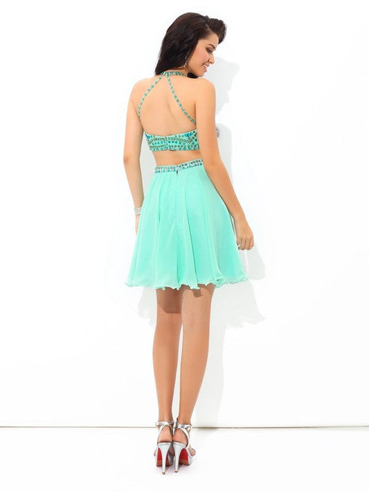 A-Line/Princess Sheer Neck Rhinestone Sleeveless Short Two Piece Sophronia Homecoming Dresses Chiffon Dresses