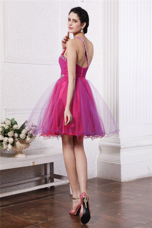 A-Line/Princess One-Shoulder Sleeveless Beading Short Homecoming Dresses Cocktail Amaya Organza Dresses