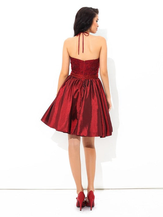 A-Line/Princess Cocktail Ximena Homecoming Dresses Halter Beading Sleeveless Short Taffeta Dresses