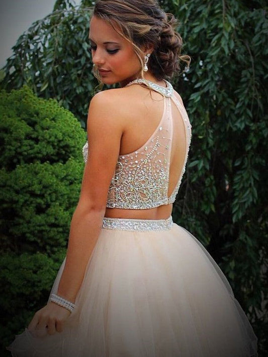 A-Line/Princess Scoop Beading Sleeveless Short/Mini Tulle Two Piece Homecoming Dresses Kinley Dresses