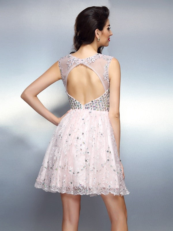 A-Line/Princess Bateau Beading Sleeveless Short Cocktail Satin Kiley Homecoming Dresses Dresses