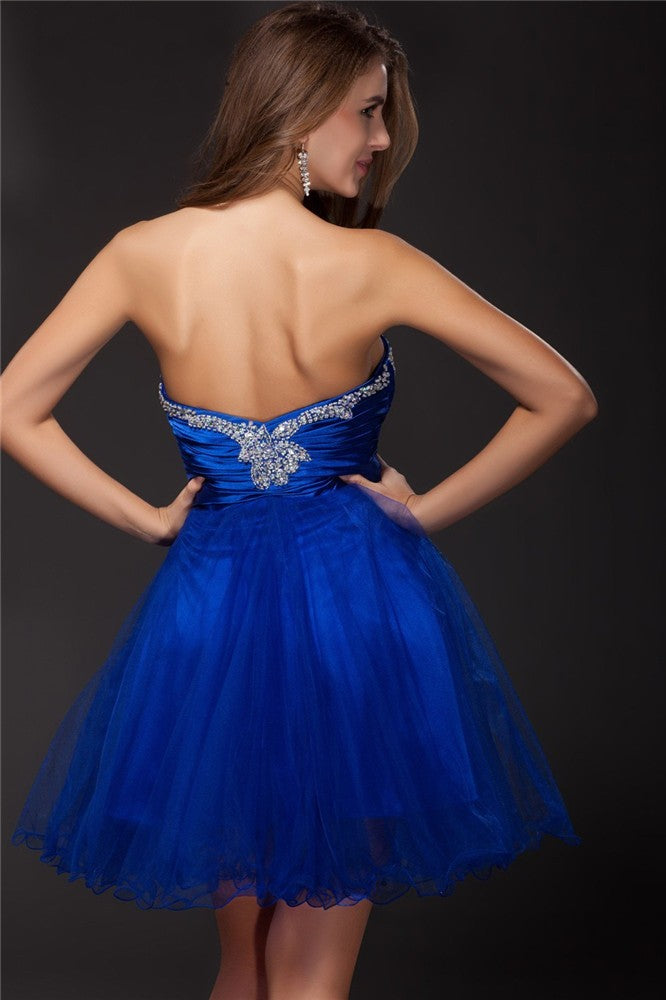 A-Line/Princess Strapless Beading Sleeveless Short Net Elastic Woven Homecoming Dresses Baylee Cocktail Satin Dresses