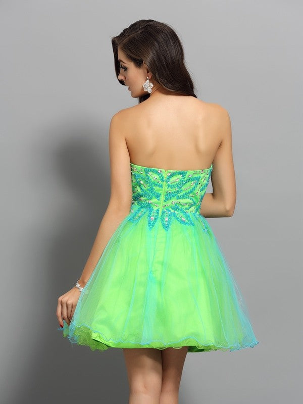 A-Line/Princess Sweetheart Beading Sleeveless Cocktail Homecoming Dresses Cecelia Short Net Dresses