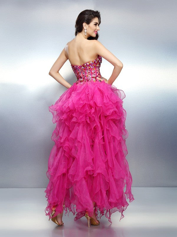 A-Line/Princess Sweetheart Rhinestone Sleeveless Cocktail Homecoming Dresses Luna High Low Organza Dresses