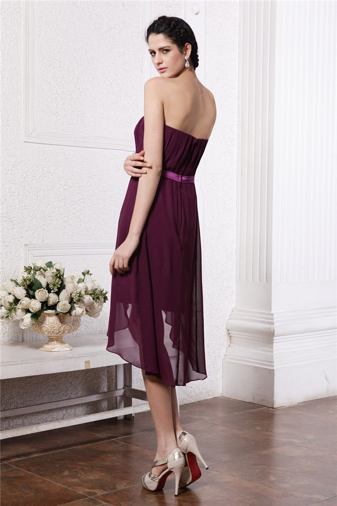 Sheath/Column Strapless Sleeveless Sash Pleats Chiffon Cocktail Homecoming Dresses Nola High Low Dresses