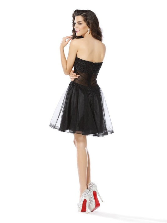 Marin Cocktail Satin Homecoming Dresses A-Line/Princess Sweetheart Applique Sleeveless Short Dresses