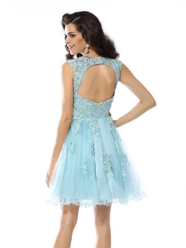 A-Line/Princess Scoop Beading Applique Angie Homecoming Dresses Satin Cocktail Sleeveless Short Dresses