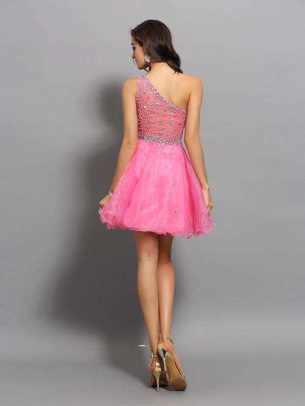 A-Line/Princess One-Shoulder Cocktail Homecoming Dresses Nell Ruffles Sleeveless Short Organza Dresses