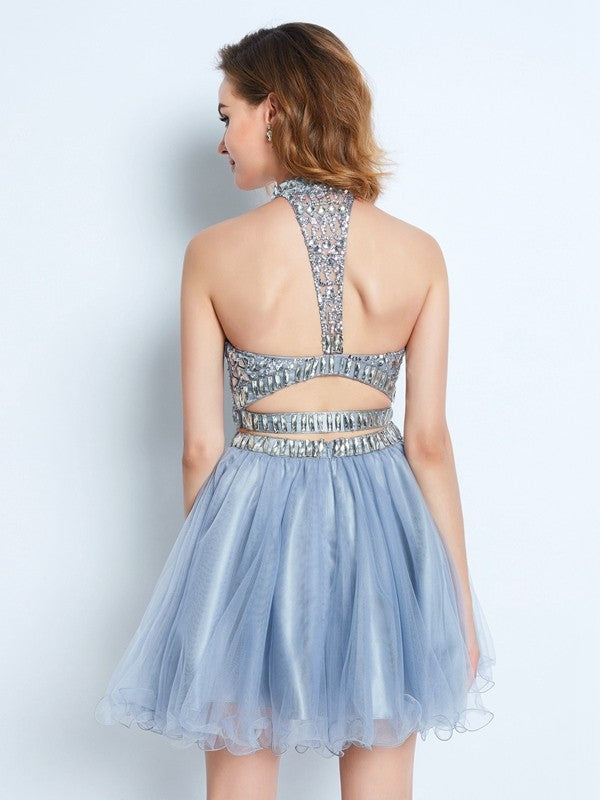 A-Line/Princess High Neck Sleeveless Beading Short/Mini Homecoming Dresses Elianna Net Two Piece Dresses