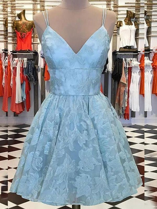 A-Line/Princess Spaghetti Straps June Homecoming Dresses Lace Sleeveless Ruffles Short/Mini