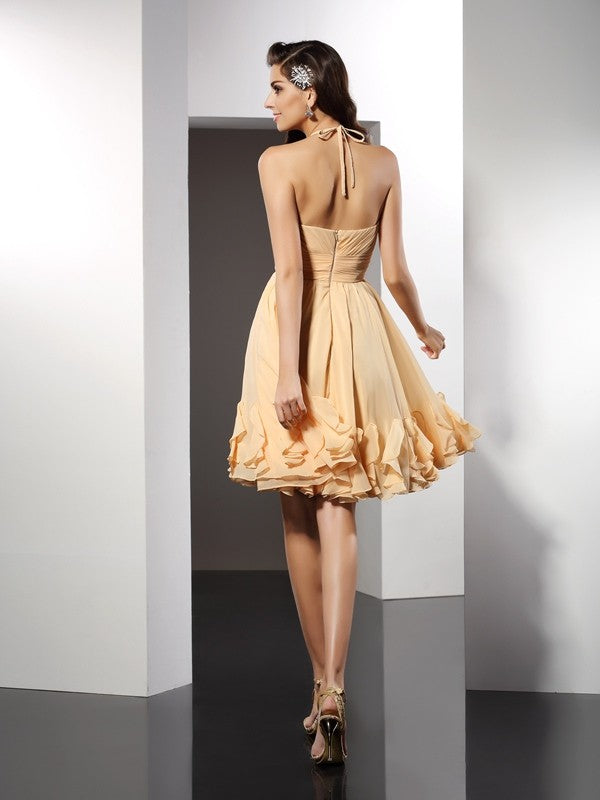 A-Line/Princess Halter Ruffles Sleeveless Short Homecoming Dresses Cocktail Chiffon Rosie Dresses