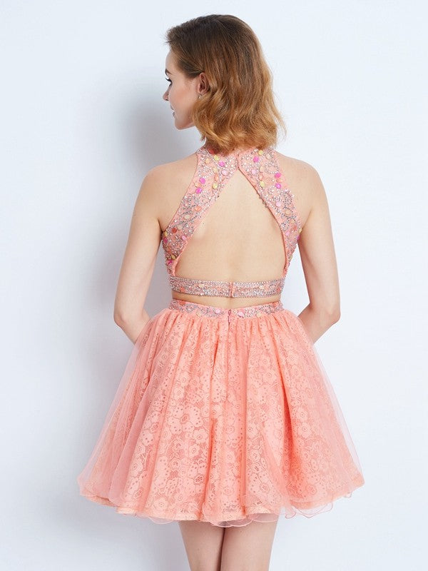 A-Line/Princess Adelyn Lace Homecoming Dresses Jewel Sleeveless Beading Short/Mini Two Piece Dresses