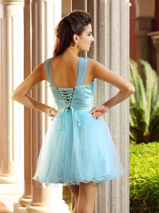 A-Line/Princess V-Neck Pleats Sleeveless Short Net Dresses Shirley Homecoming Dresses Cocktail