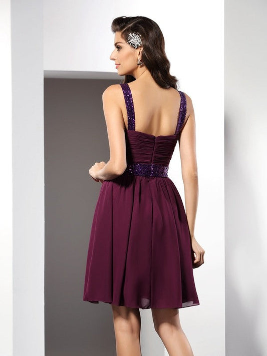 A-Line/Princess Straps Ruched Sleeveless Chiffon Cocktail Homecoming Dresses Nancy Short Dresses