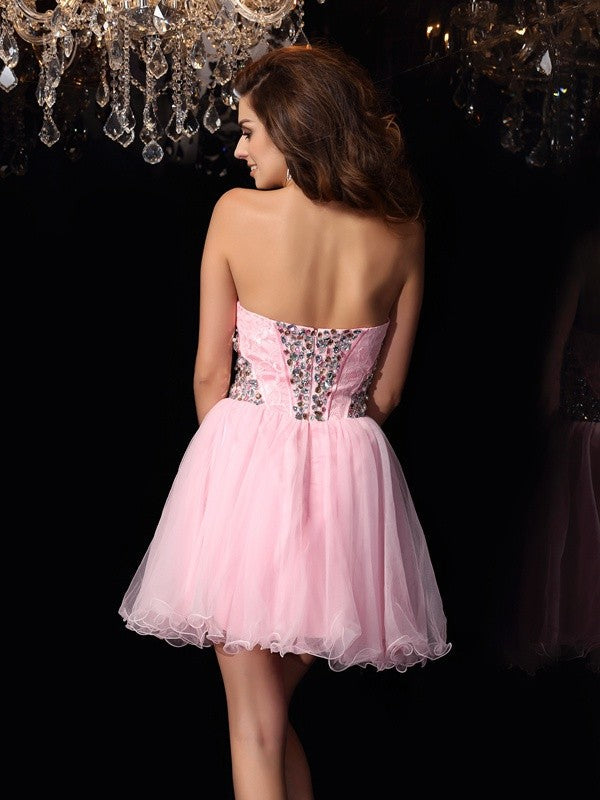 A-Line/Princess Sweetheart Ruffles Satin Homecoming Dresses Cocktail Kathy Sleeveless Short Elastic Woven Dresses