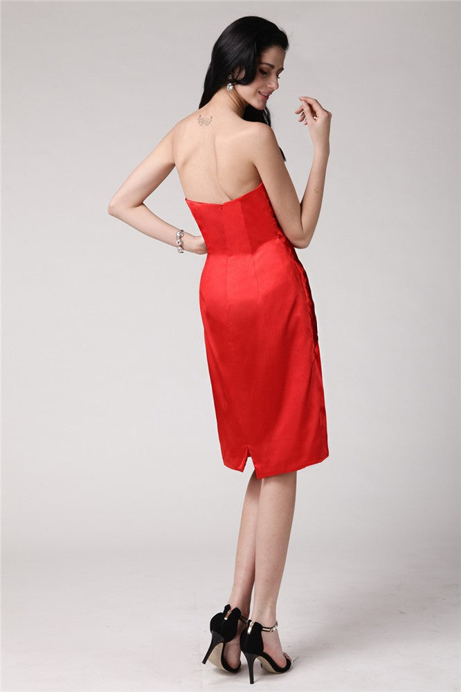 Sheath/Column Strapless Sleeveless Pleats Short Homecoming Dresses Satin Cocktail India Elastic Woven Dresses