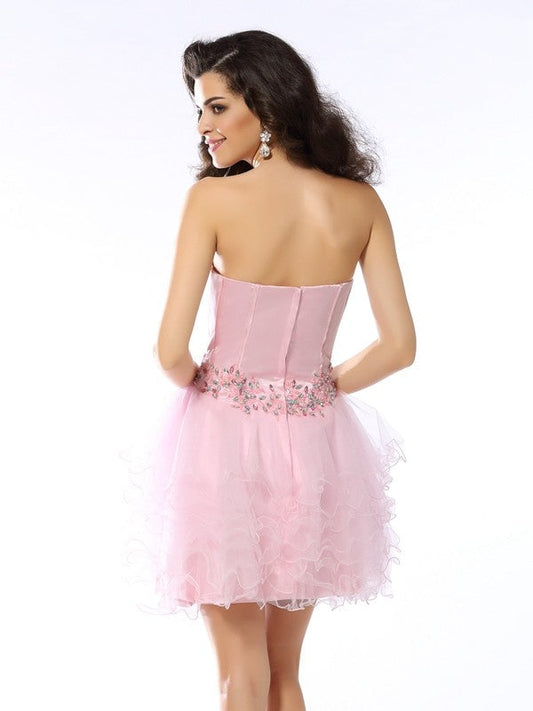 A-Line/Princess Sweetheart Ruffles Cocktail Homecoming Dresses Krystal Sleeveless Short Net Dresses