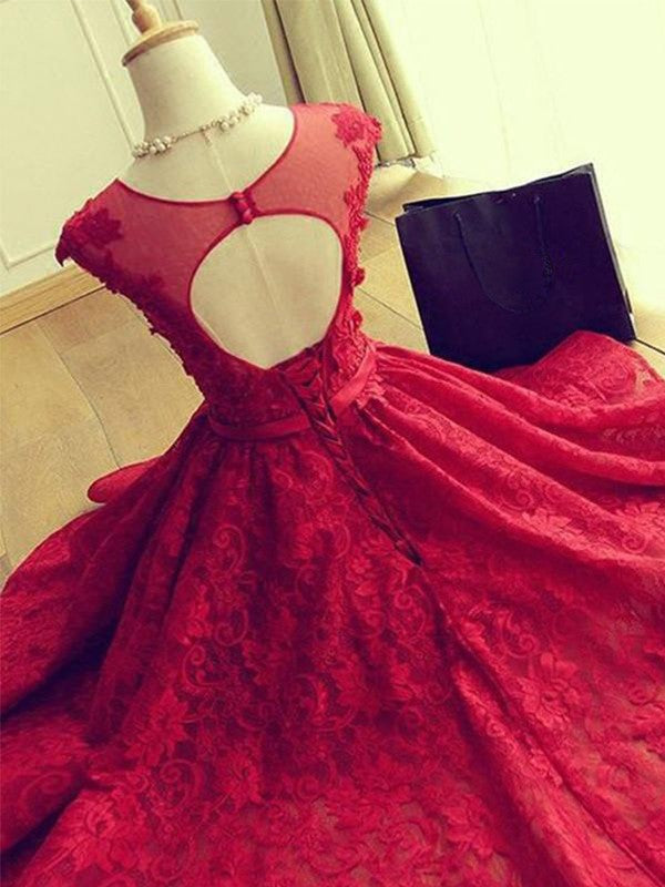 A-Line Jewel Lace Homecoming Dresses Jane Cut Short With Applique Red