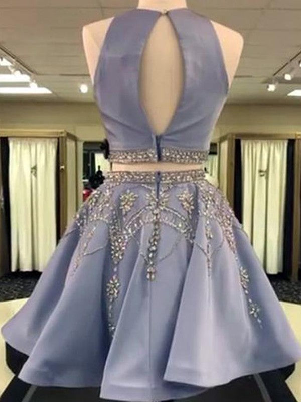 A-Line/Princess Sleeveless Bateau Homecoming Dresses Satin Cheyenne Beading Short/Mini Two Piece Dresses