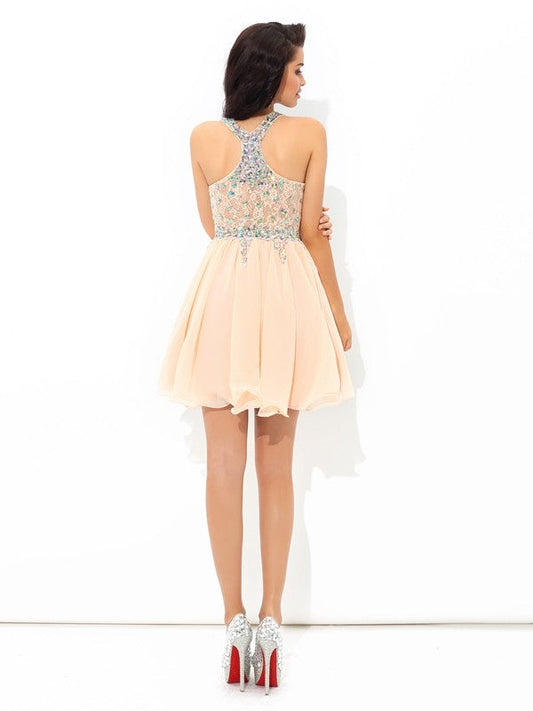 A-Line/Princess Chiffon Homecoming Dresses Cocktail Jaylah Straps Rhinestone Sleeveless Short Dresses