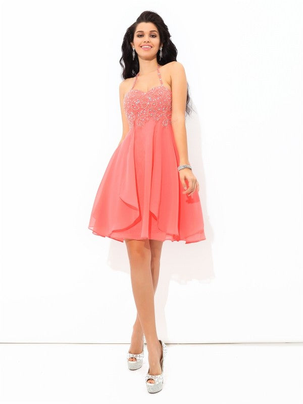 A-Line/Princess Halter Beading Sleeveless Short Homecoming Dresses Cocktail Chiffon Jessica Dresses