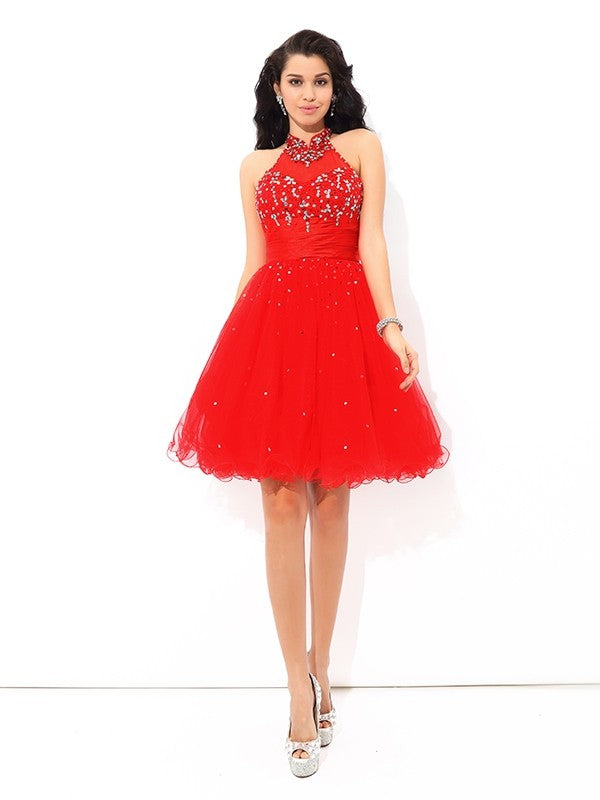 A-Line/Princess Cocktail Kinsley Homecoming Dresses High Neck Beading Sleeveless Short Net Dresses