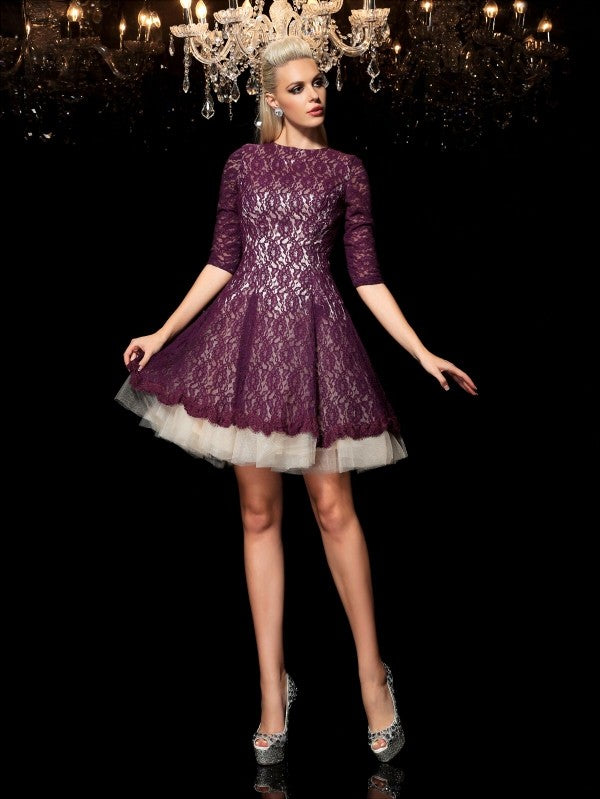 A-Line/Princess Sheer Neck 1/2 Sleeves Short Dresses Lace Cocktail Homecoming Dresses Amina