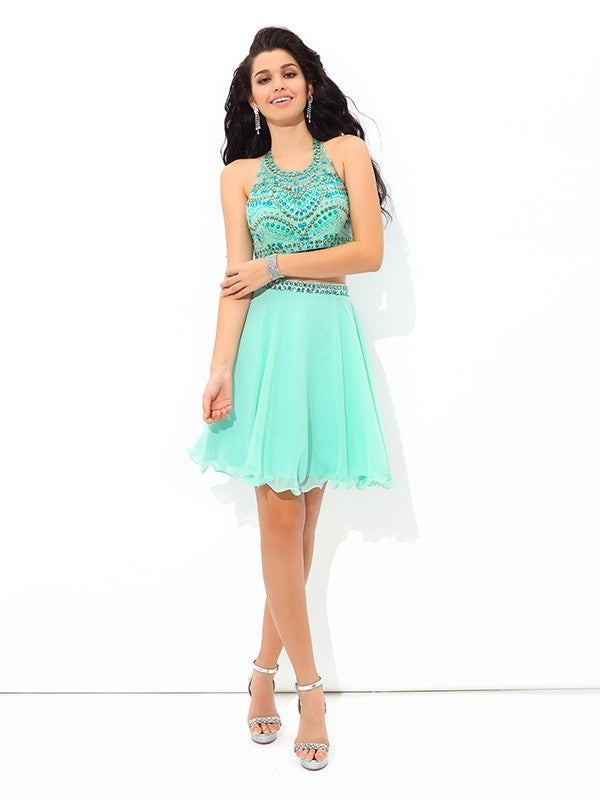 A-Line/Princess Sheer Neck Rhinestone Sleeveless Short Two Piece Sophronia Homecoming Dresses Chiffon Dresses