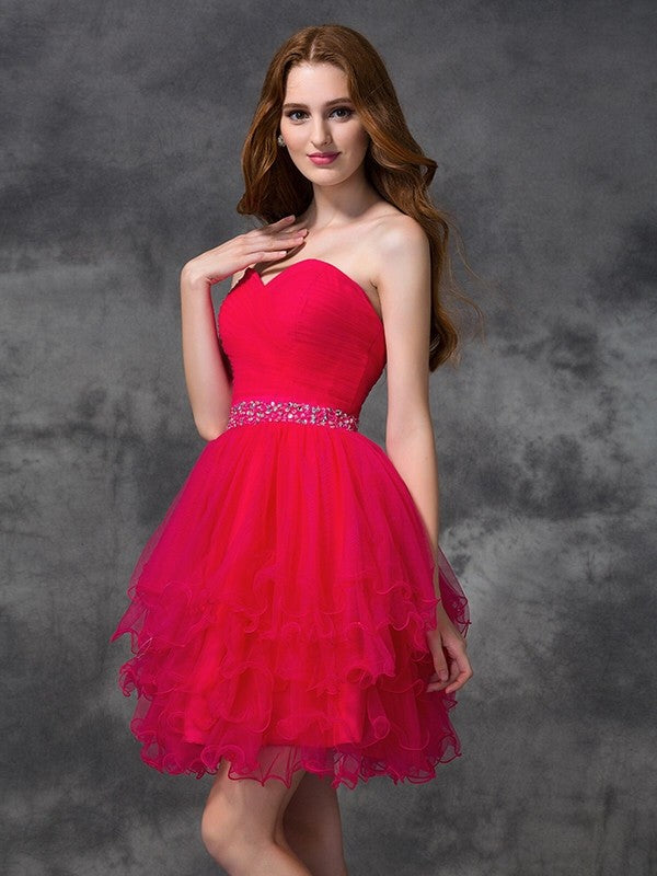 A-Line/Princess Sweetheart Beading Sleeveless Satin Homecoming Dresses Elisabeth Cocktail Short Dresses