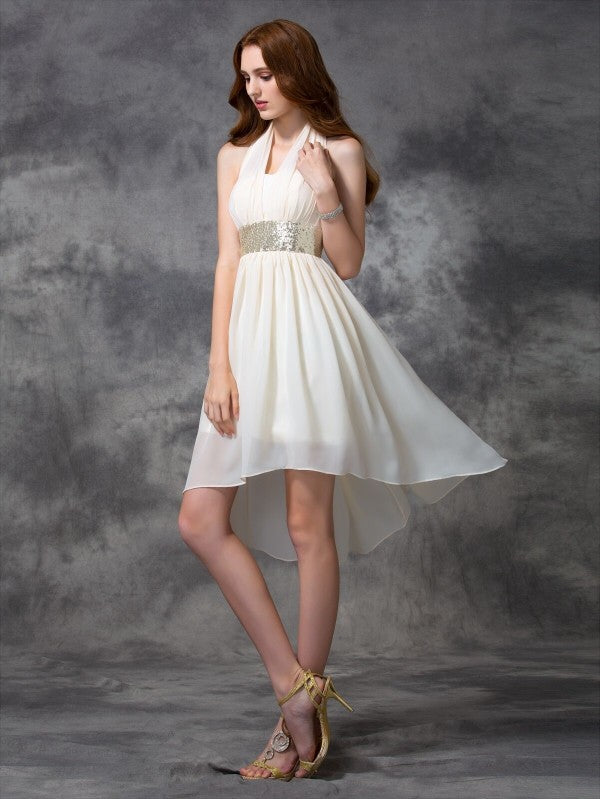 A-Line/Princess Halter Sequin Sleeveless High Low Dresses Cocktail Chiffon Homecoming Dresses Saniyah