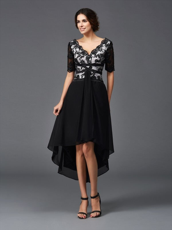 A-Line/Princess V-Neck 1/2 Sleeves High Low Homecoming Dresses Lace Bianca Chiffon Dresses