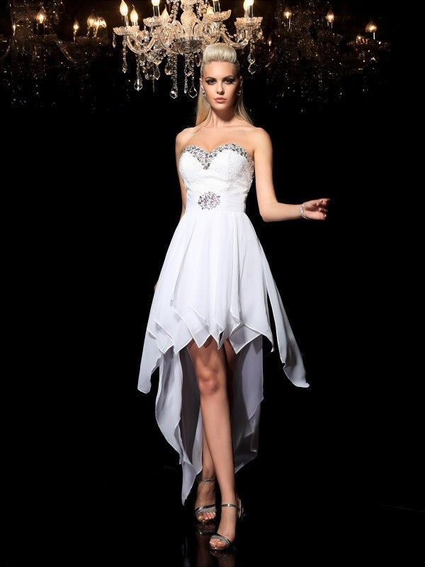 A-Line/Princess Sweetheart Beading Sleeveless Joslyn Cocktail Homecoming Dresses Chiffon High Low Dresses