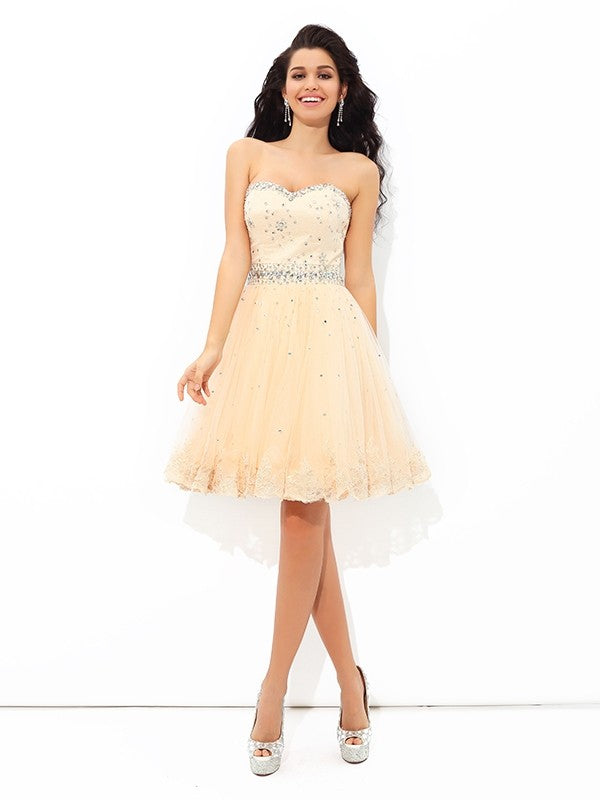 Brooklynn Cocktail Satin Homecoming Dresses A-Line/Princess Sweetheart Beading Sleeveless Short Dresses